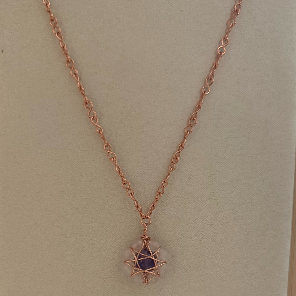 Amethyst Pink Quartz Daisy Pendant Necklace on Infinity Link Chain - Picture 4 of 4